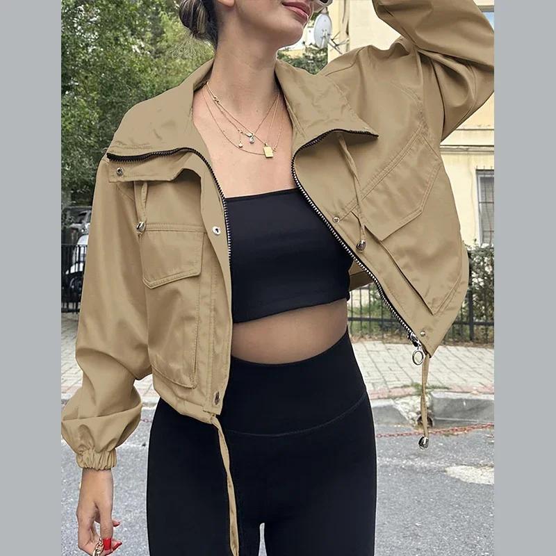 Cappotto Corto da Donna Casual con Coulisse, Monopetto, con Zip, Manica Lunga, Giacca da Donna Autunnale, Cappotti da Strada per Signora
