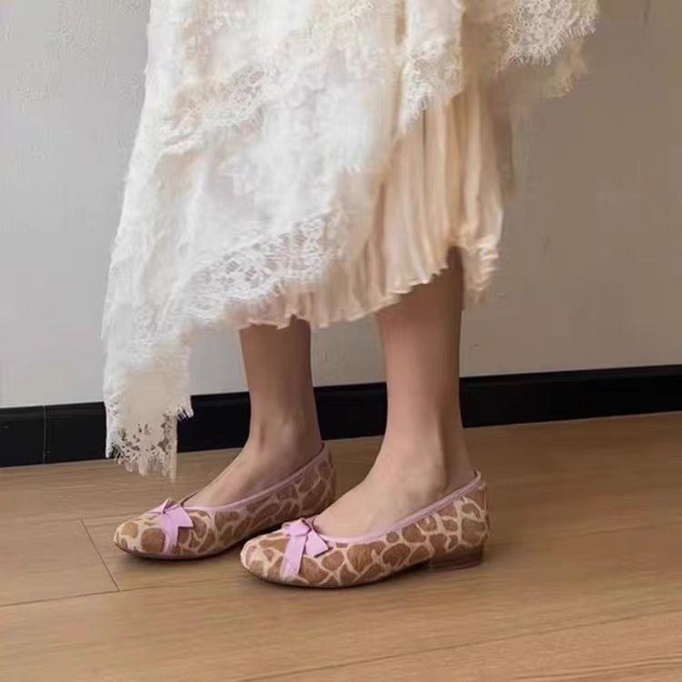 Sheepskin Version~ Leopard Print Horsehair Grandma Shoes Women's New Round Head French Bow One Pedal Flat Shoes Small Single Shoes