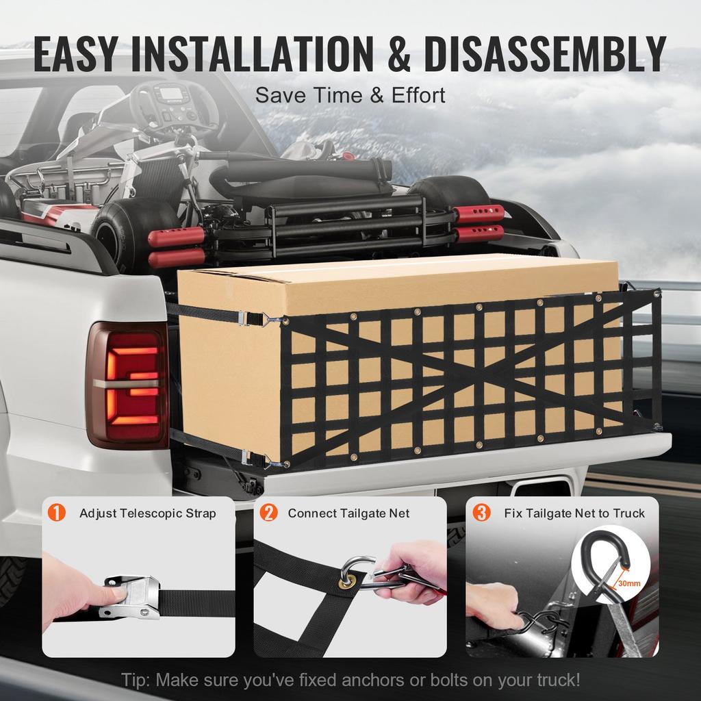 VEVOR Tailgate Net, 54 In X 18 In, Heavy Duty Cargo Net for Truck Bed with 4 Adjustable Telescopic Straps, Cross-reinforced Design