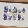 Almond Shaped Blue Snowflake Handmade Fake Nail Tips