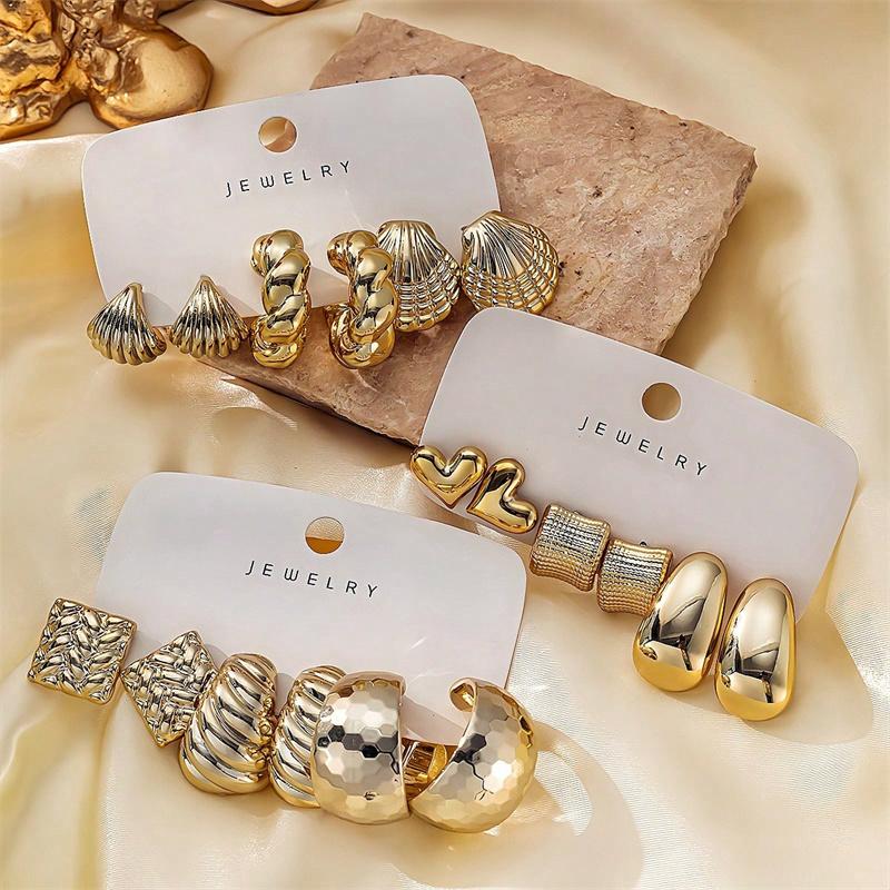 Big Gold Plated Textured Metal Circle Hoop Earrings Set for Women Vintage Geometric Twisted C Shape Drop Earring Party Jewelry