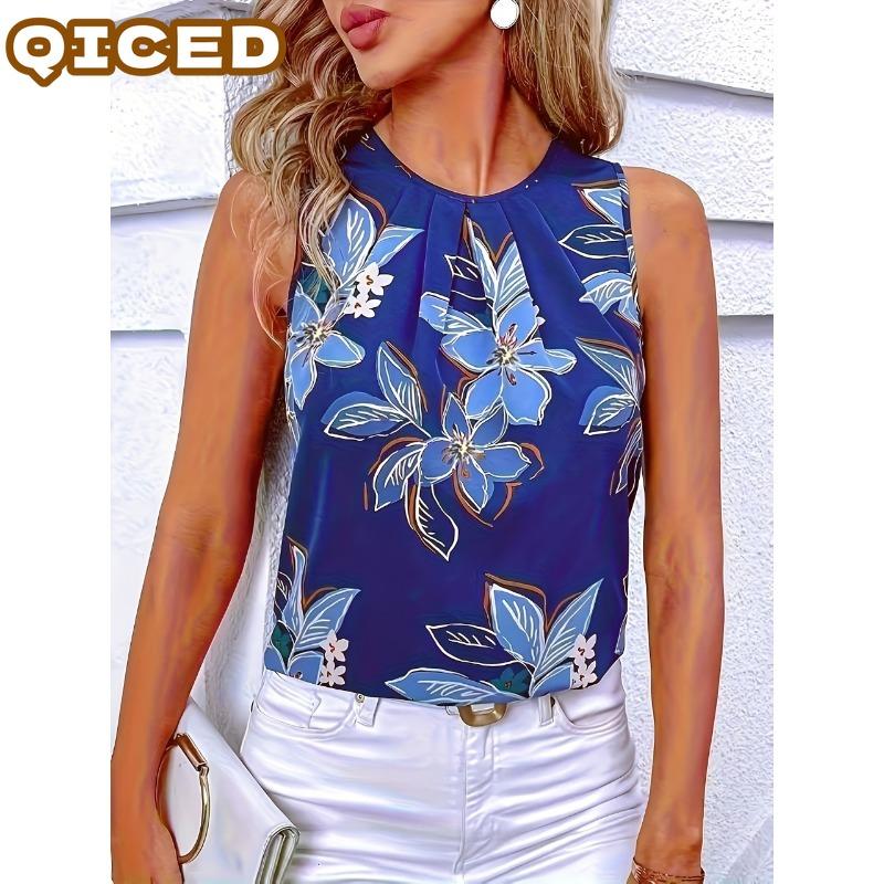 QICED Women's Fashion Casual Sleeveless O-Neck Blouses & Shirts