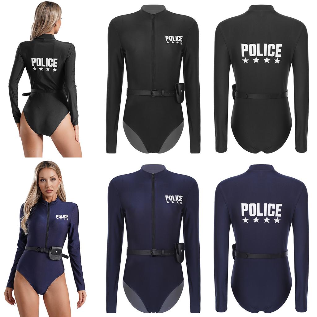 Womens Police Uniform Bodysuit Front Zipper Long Sleeve Print Design Belt Purse Included Cosplay Costume