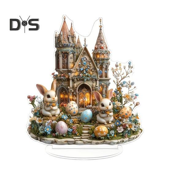 

Пасхальный кролик, украшение 2D, плоский акриловый орнамент, многоуровневый поднос, украшение, фигурка кролика в замке, для фермерского дома, каминной полки, книжной полки, пасхальный декор разноцветный