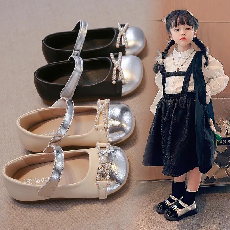 Girls Flat Shoes Fashion Elegant Kids Leather Shoes Sweet Soft Sole 2024 New Children Performance Shoes Versatile for Students