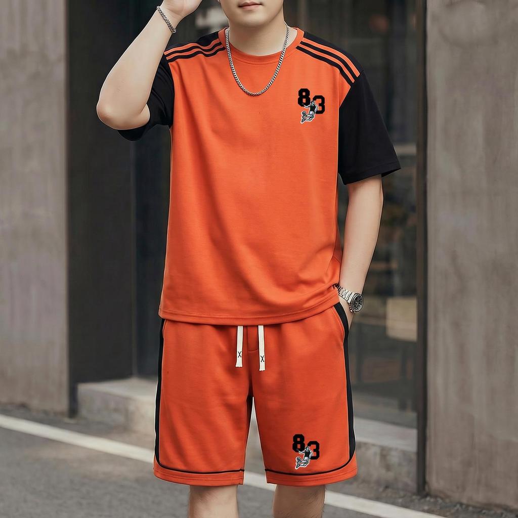 2026 Men's Plus Size Patchwork Short Sleeve Summer Casual Suit - Round Neck Sports Shorts Two-Piece Set