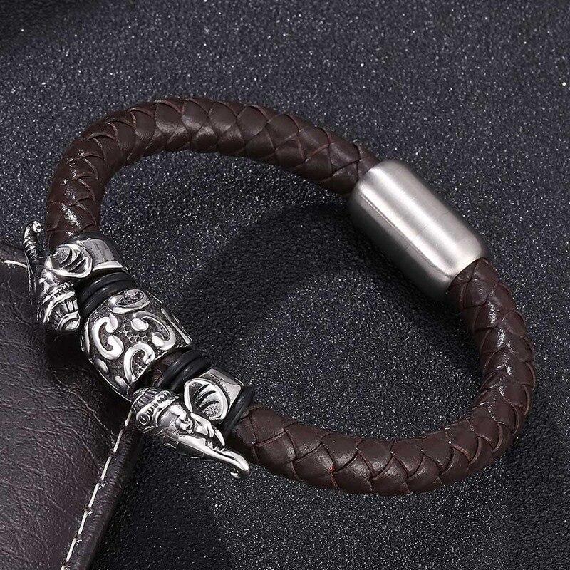 Punk Men Brown Genuine Leather Bracelet Stainless Steel Elephant Beads Rope Bracelets Bangles For Men Bangles