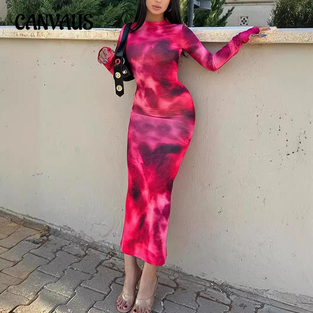 Vestidos de mujer de primavera y otoño con efecto tie-dye, manga larga, ajustados y con efecto tie-dye
