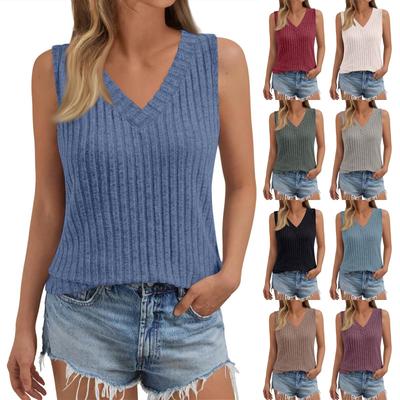 Kadın Günlük Moda V Yaka Kolsuz Üst Düz Renk Yelek Tişört