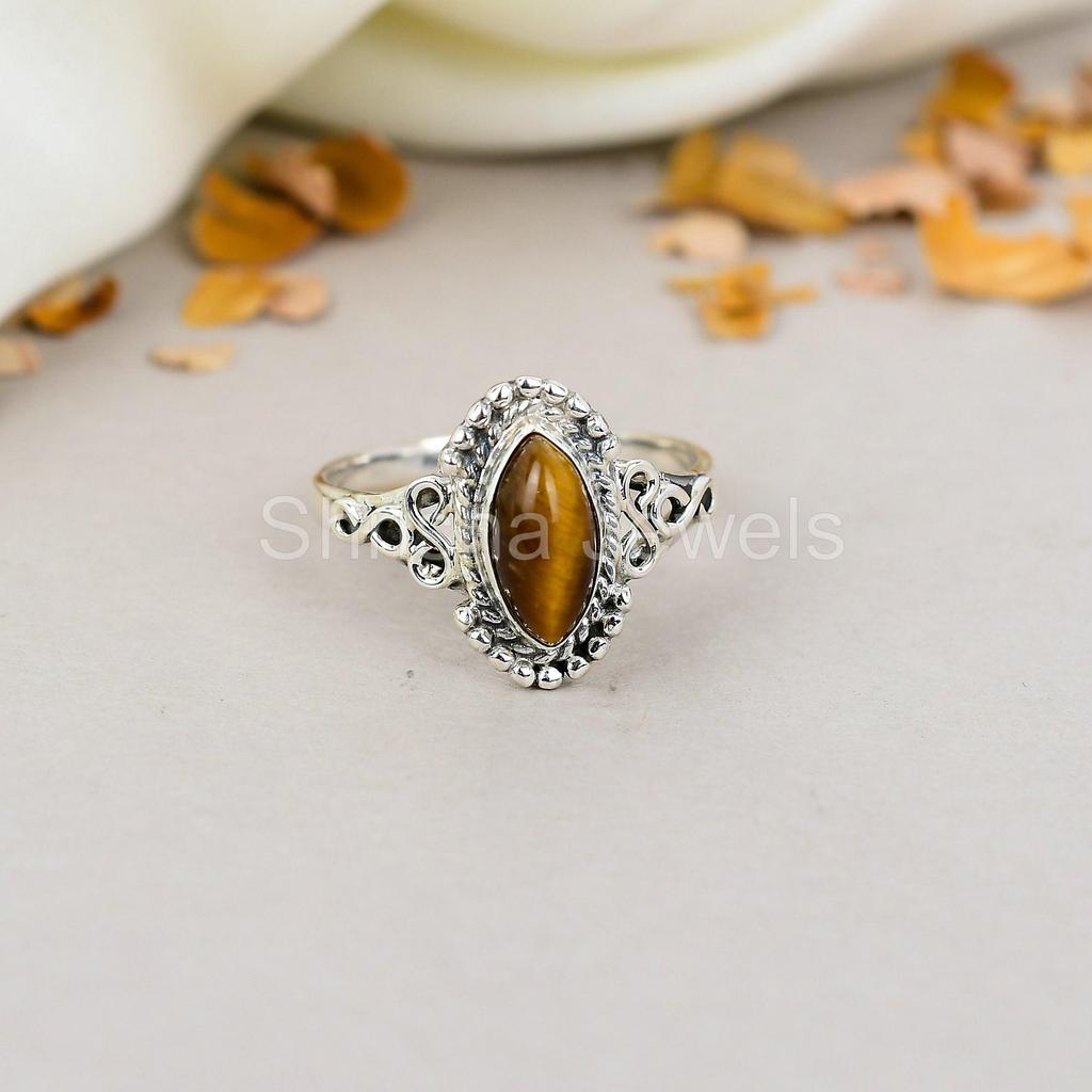 Tiger Eye 925 Sterling Silver Brown Marquise Shape Gemstone Handmade Jewelry For Women