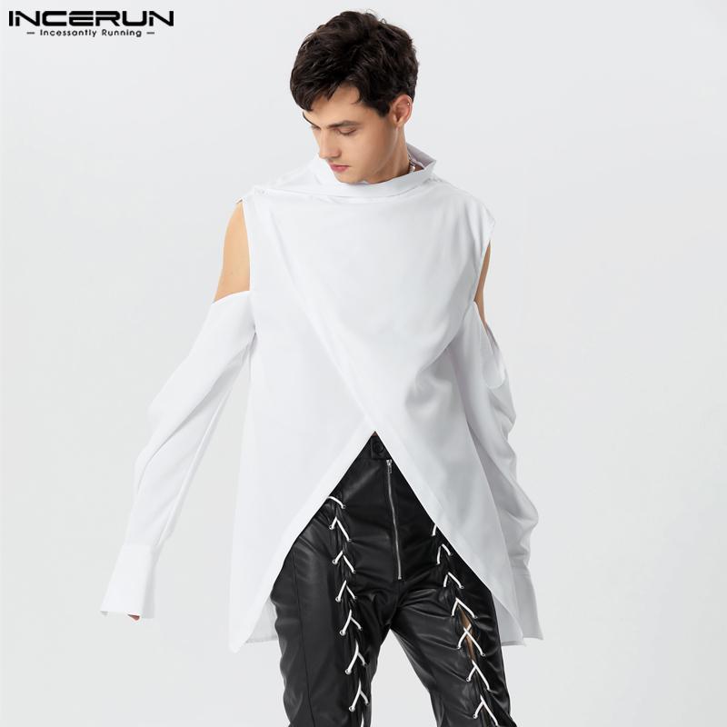 INCERUN Men Cold Shoulder Cutout Long Sleeve Cross Split Irregular Tops