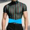 INCERUN Men Short Sleeve Mesh Sheer Patchwork Striped Party Club T-shirts Tops