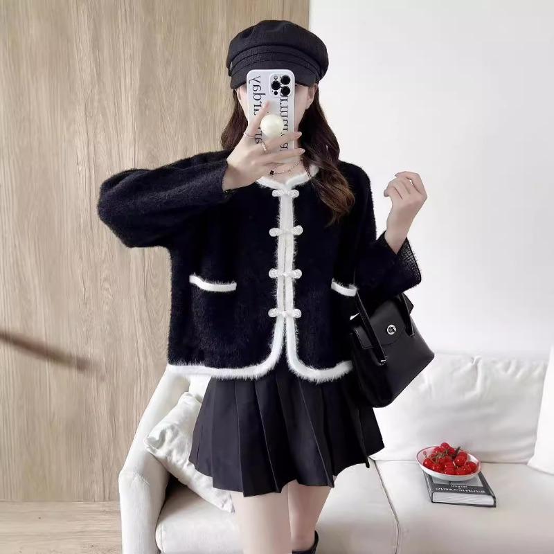 Autumn and winter new women's knitted cardigan sweater round neck soft waxy fairy button retro short imitation mink velvet jacket