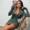 2025 Autumn Winter European American Trendy Women's Ribbed Zipper Long Sleeve Slim Short Skirt Dress