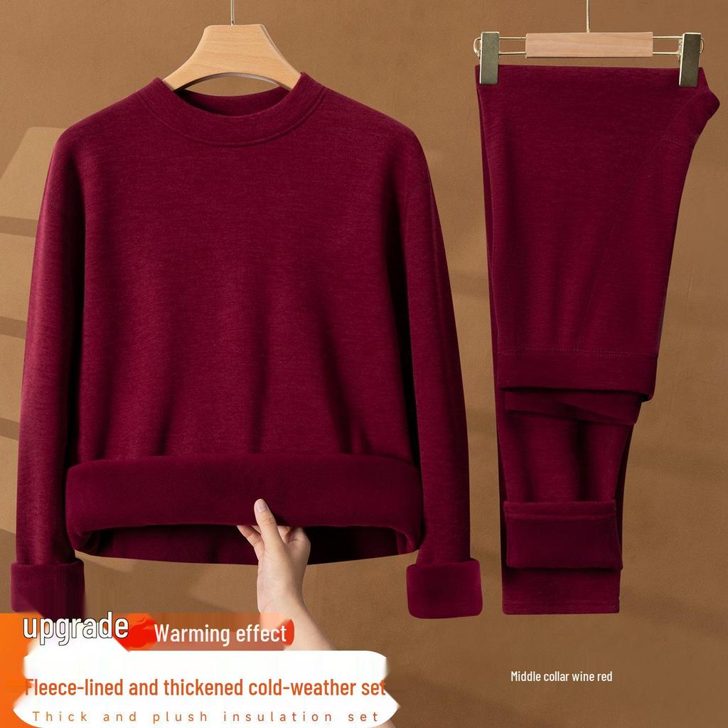 Herren Warmes Unterwäsche-Set mit Fleecefutter - Mittelhoher Rundhalsausschnitt, Übergröße, Kältefest für Mittelalte und Ältere, Herbst/Winter.
