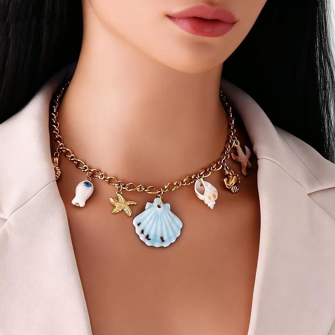Ocean Shrimp Crab Fish Shell Multi-element Necklace Unique Vacation Stainless Steel Neck Jewelry