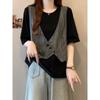 Plus Size Women Clothing Design Sense Fake Two Pieces Short Sleeve T-shirt Female Summer Chubby Girl Slimming Irregular Shoulder Patchwork Top
