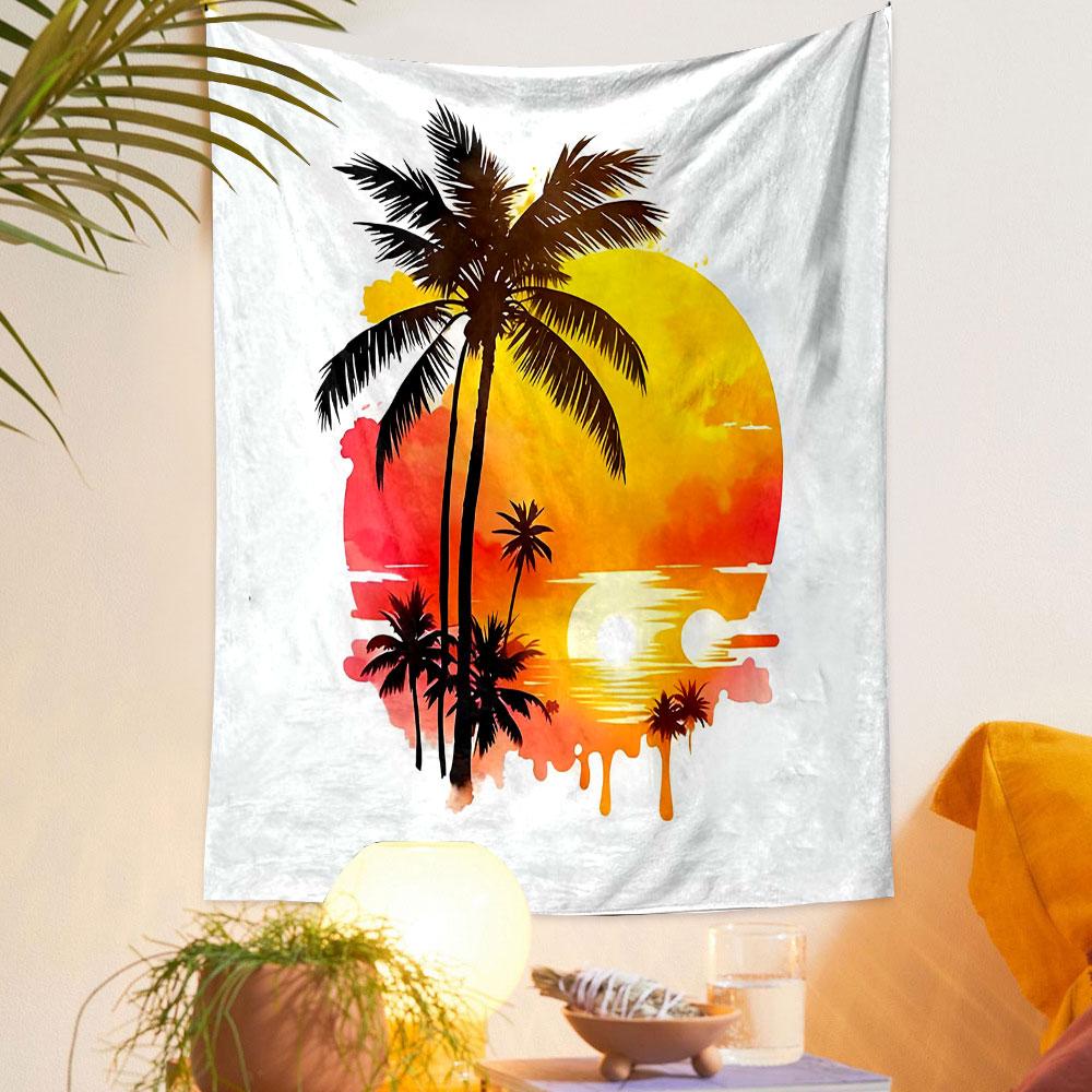Tropical Sunset with Palm Trees Patterned Tapestry Decorative Wall Hanging, Home Bedroom Living Room Decor