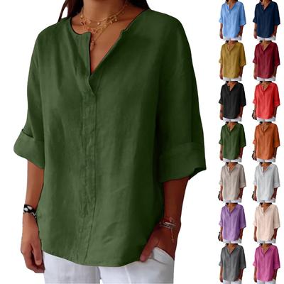 Women's Fashionable Loose-Fit V-Neck T-Shirt Cotton-Linen Blend Casual Top