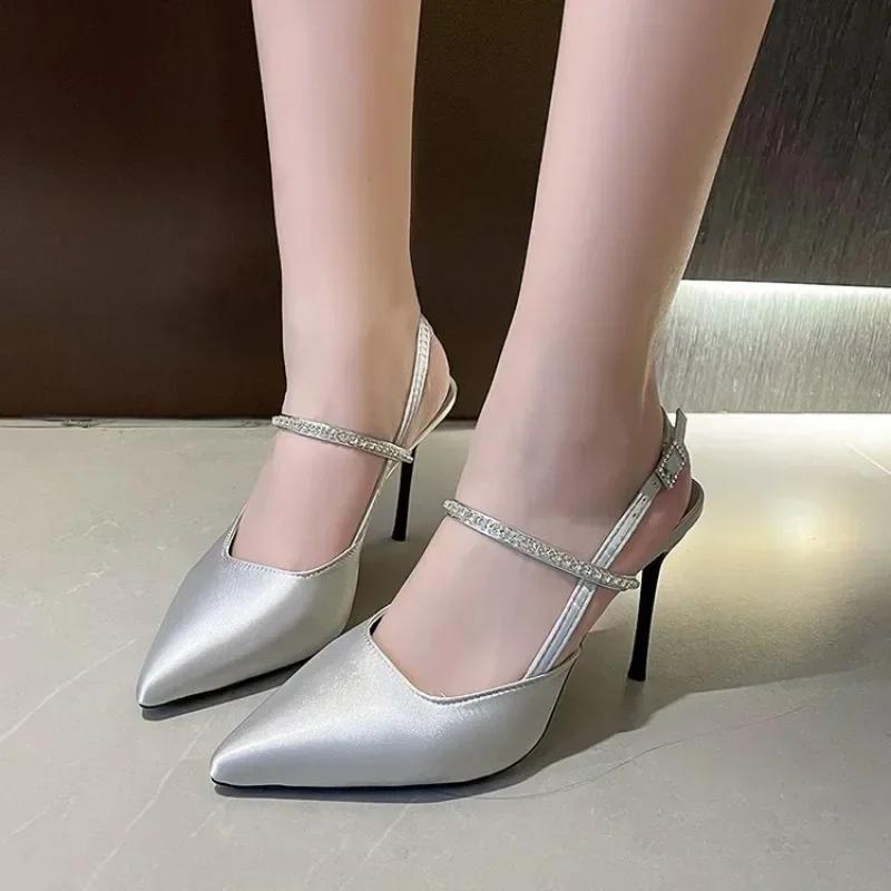 Shiny High Heels Slingback Silver Women Pumps Metallic Crystal Sandals Pointy Toe Stiletto Heeled Shoes Party Dress Zapatos