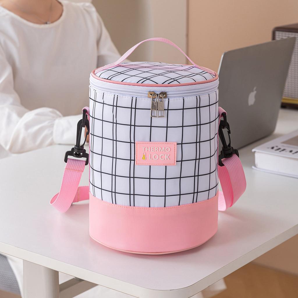 Simple Cylindrical Heat Preservation Bento Bag With Grid Design And Letter Print
