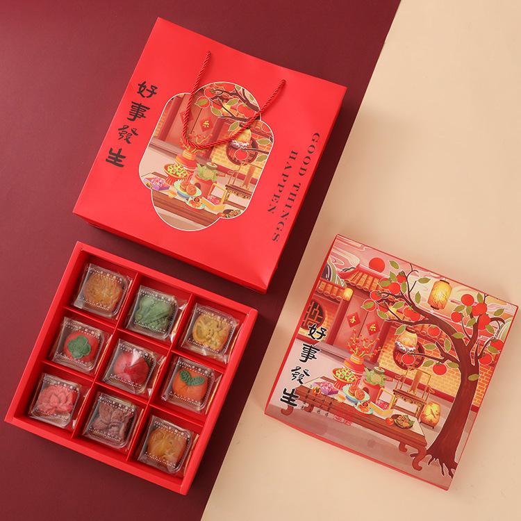 Mid-Autumn Mooncake & Pastry Gift Box with Egg Yolk Pastry, Peach Blossom Pastry, and Chinese Candy in a Nine-Grid Design.