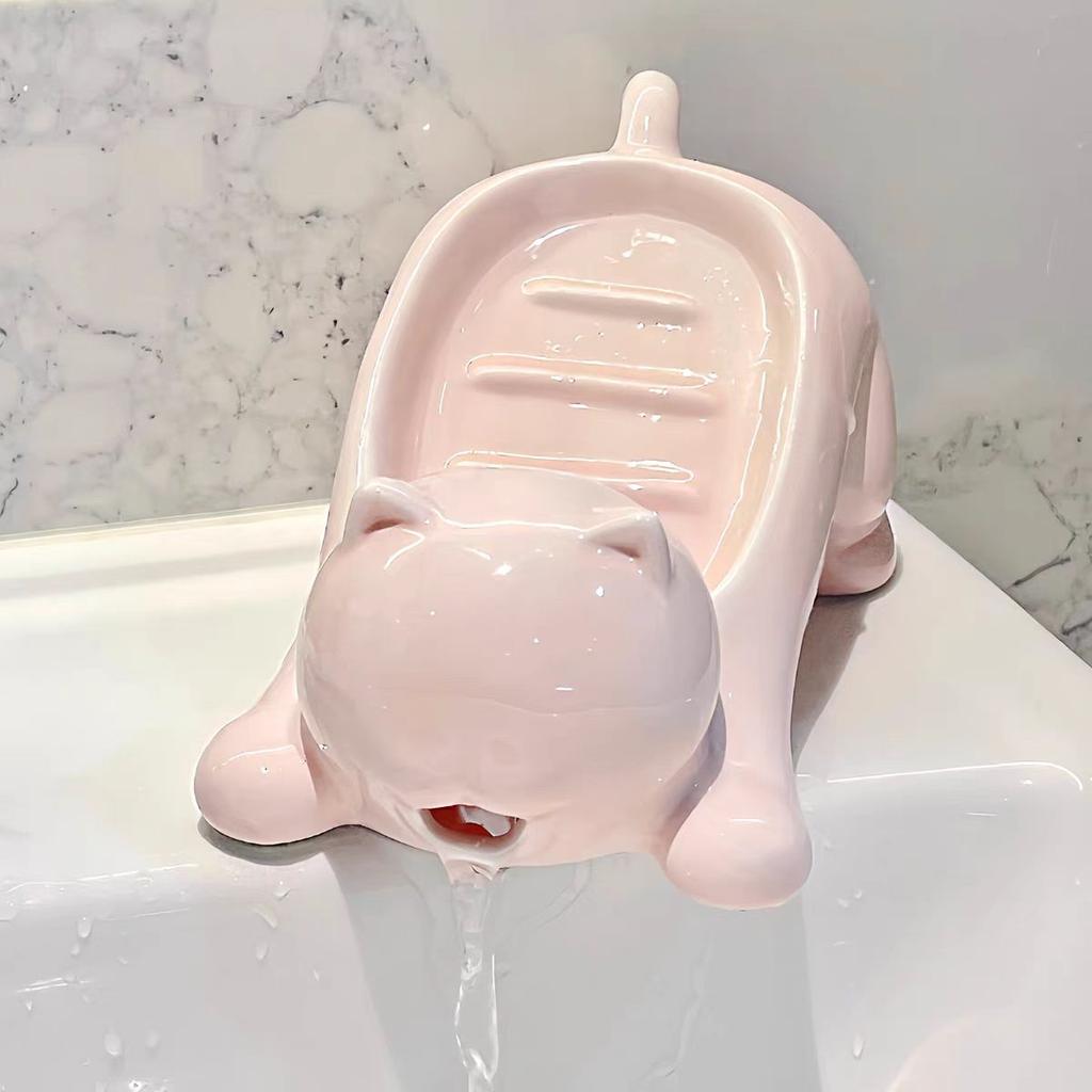 Cute Cat Drain Soap Holder Container Smooth Ceramic Toilet Soap Dish Case Tray Bathroom Accessories Washroom Tools Home Decor