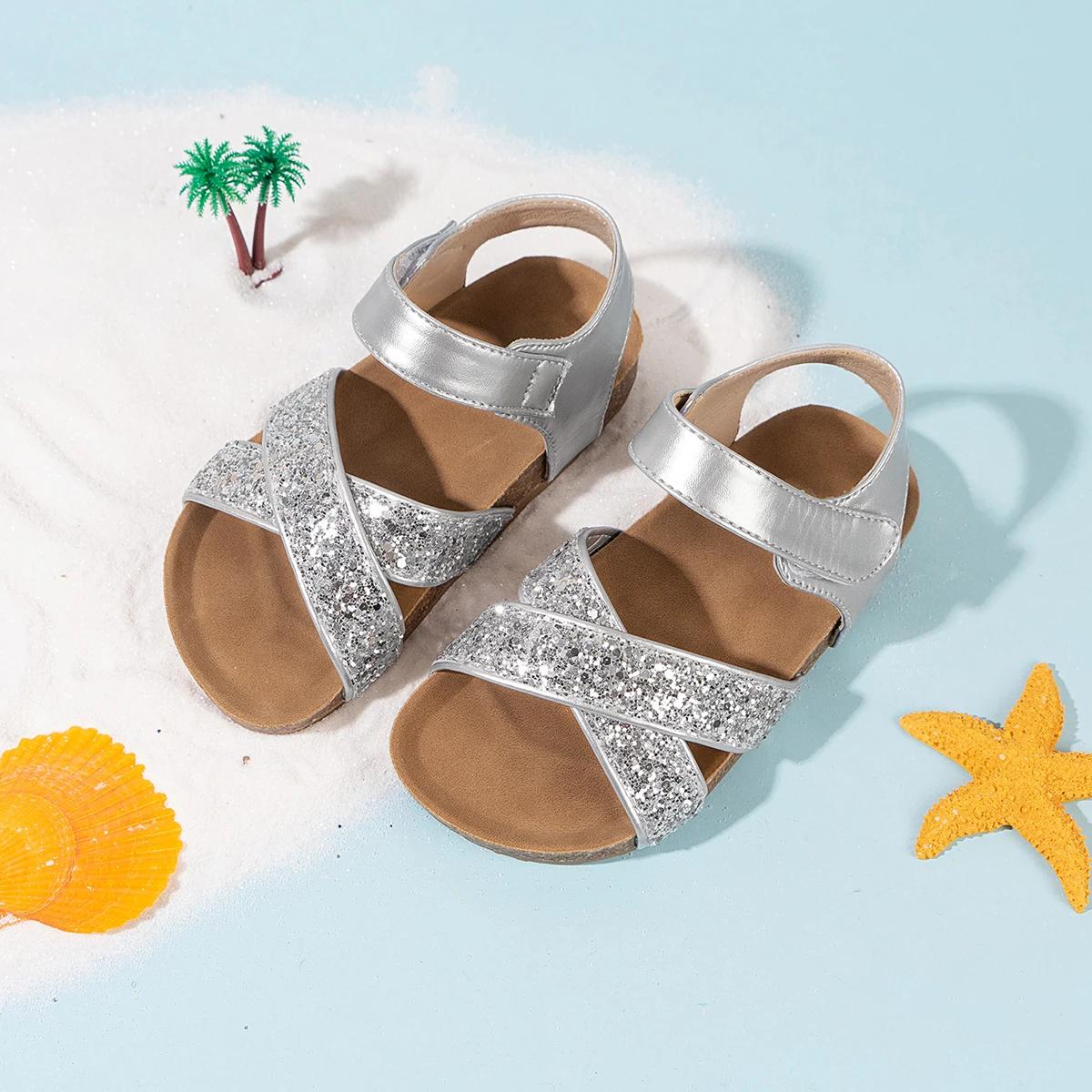 

Детские сандалии принцессы со сверкающими пайетками, пляжная обувь для девочек, модные универсальные сандалии с мягкой подошвой и комфортом 23 серебряный
