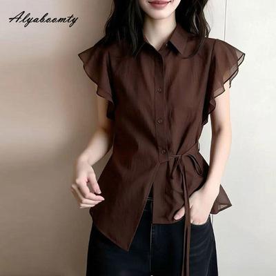 Moda Coreana Estate Donna Camicetta Marrone Collo a Revers Allacciatura Elegante Camicia da Ufficio Maniche a Farfalla Volant Camicetta Femminile