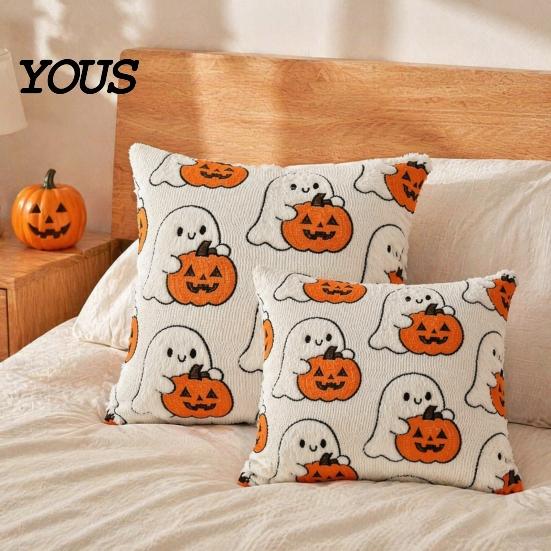 Cozy Bedroom Cushion Cover Ghost Pumpkin Cover, Halloween Throw Pillow Cute Gift Ideas Embroidered Case, Soft Plush Pillowcase for Couch Sofa Holiday