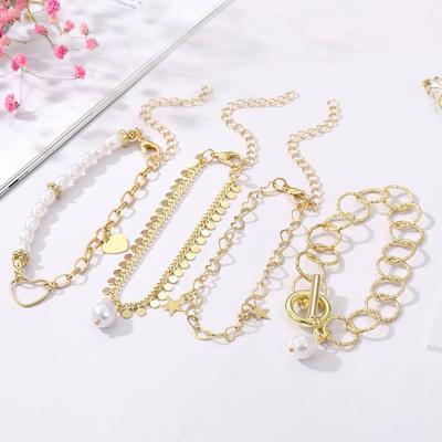 Women's Suitable For Daily Wear 4pcs/set Of Classic Imitation Pearl Chain Design For Holidays A Gift Heart Pendant Stackable Bracelets  Handmade