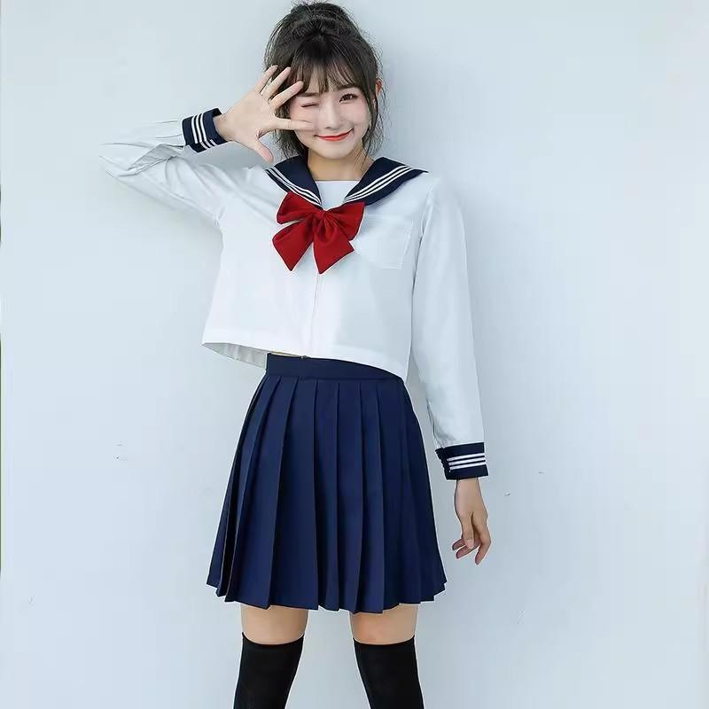 Japanese School Uniform Girl Jk Suit Sexy Spring and Autumn Red Tie White Three Basic Sailor Uniform Women Long Sleeve Suit