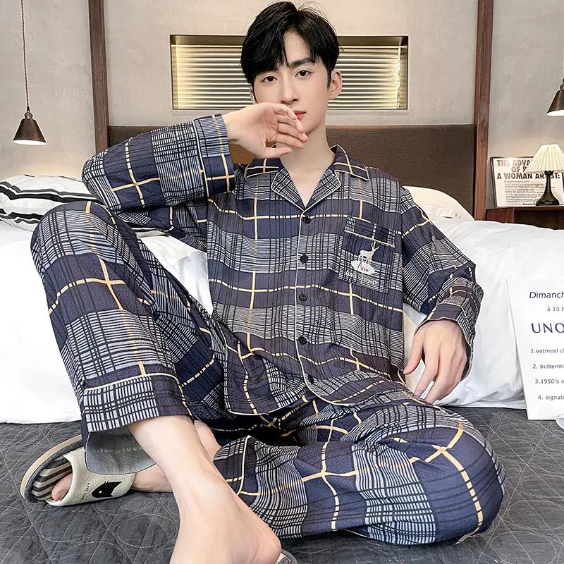 Plaid Style Men's Pajamas Set Spring Cotton Male Pajamas Sets Young Boy Sleepwear Long Sleep Tops + Pant 2pcs/set Pjs