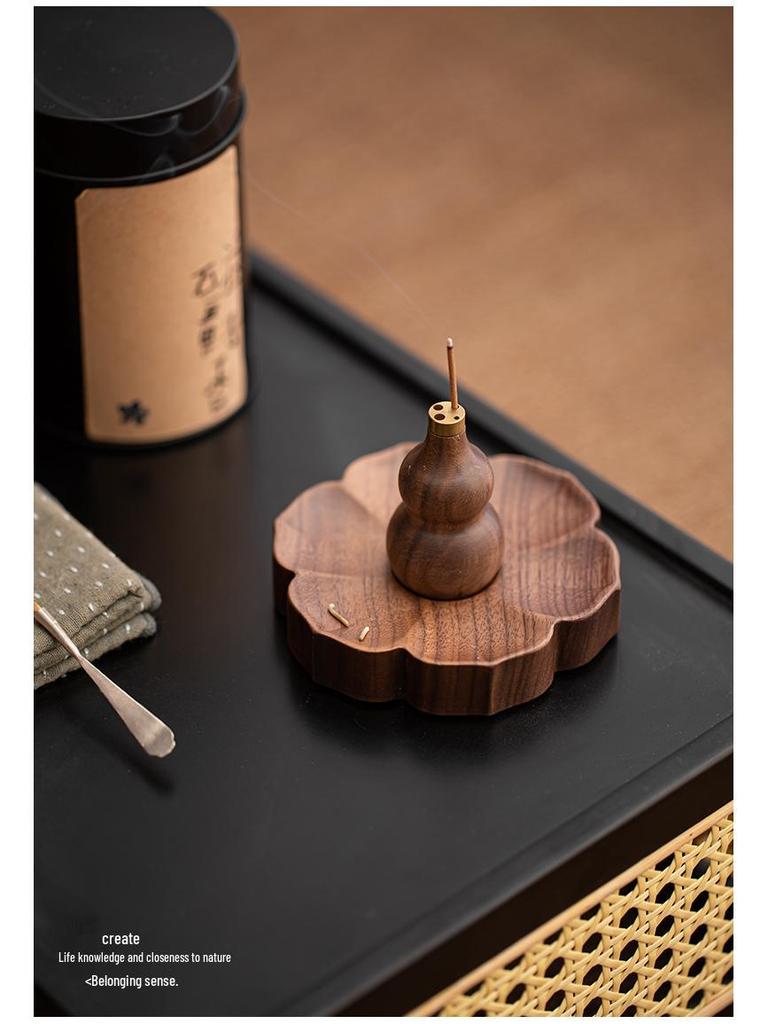North American Walnut Multi-Hole Incense Burner, Solid Wood Lotus Design, No Ash Holder