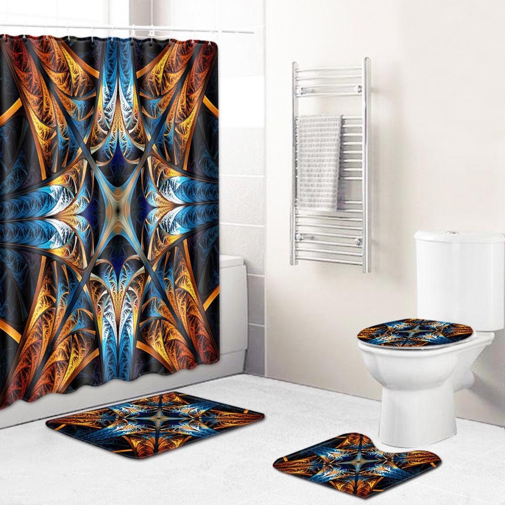 Cool Pattern Shower Curtain Floor Mat Combination Four-Piece Set Bathroom Toilet Carpet Mat Foot Mat