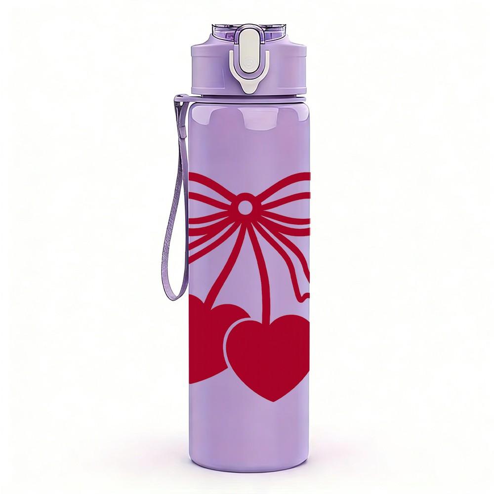1PC Twin Red Hearts Bow Line Art 750ml Color Plastic Sports Water Bottle Leakproof Flip Straw Lid Suitable for Sports Office Home Use