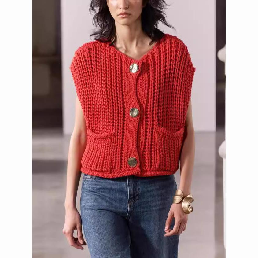 

Модный однотонный вязаный жилет с круглым вырезом для женщин, весенний жилет без рукавов с однобортными карманами, женский уличный шик XS красный