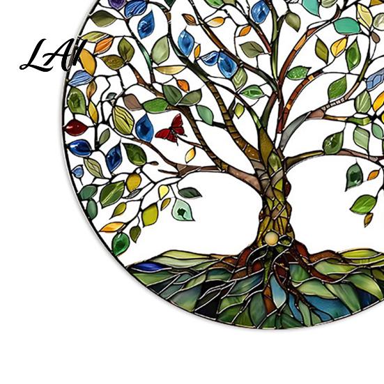 Decorative Hanging Pendant Tree of Life Round Sign Stained Glass Acrylic Suncatcher Ornament Decoration Window Wall for Indoor Outdoor Decoration