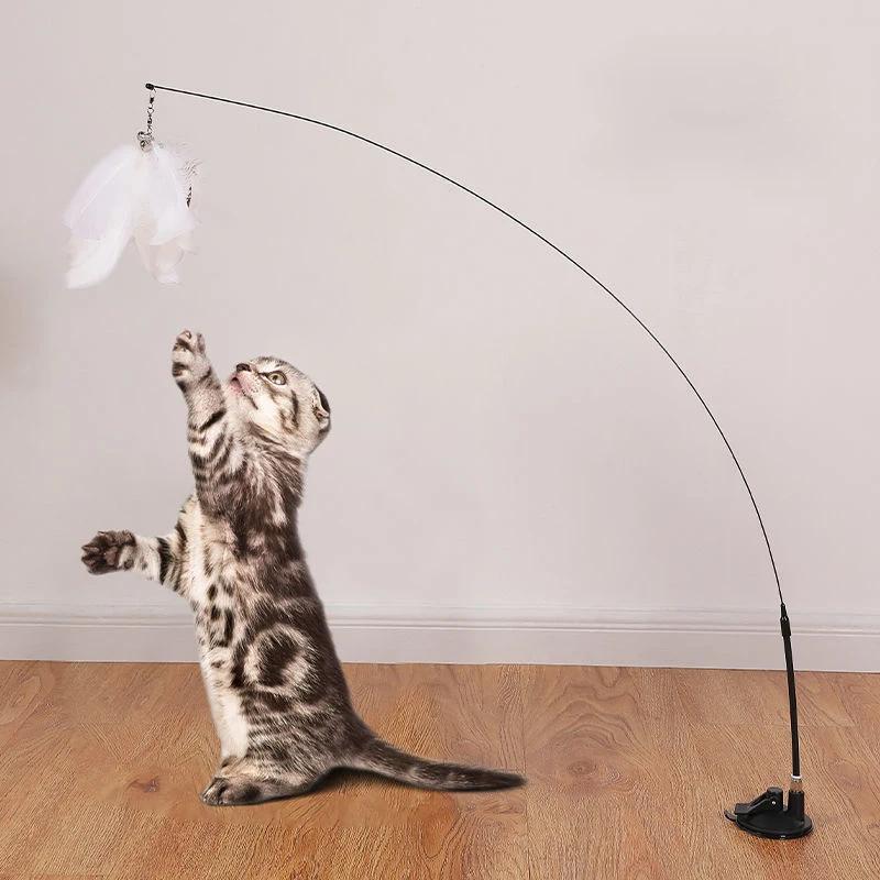 Premium Supplies High Quality Interactive Cat Toy Handfree Cat Stick Playing Kitten Playing Teaser Wand Toy Suction Cup BirdFeather Cat Wand Pet