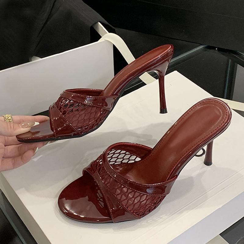 Heeled Footwear Female Slides Women Slippers Fashion Wine red Breathable Mesh Round Toe Thin Heels Sandals Pumps Shoes