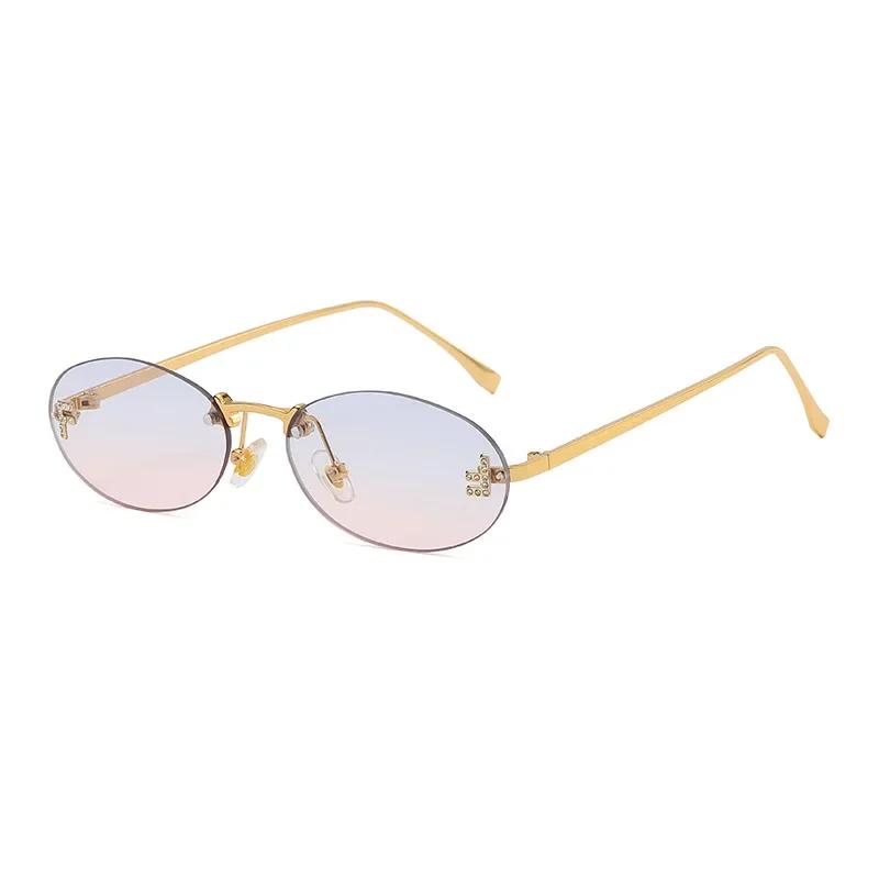 Frameless Oval Sunglasses with Zircon UV Resistant Cool Luxury Brand Design for Women and Men Fashion Trend