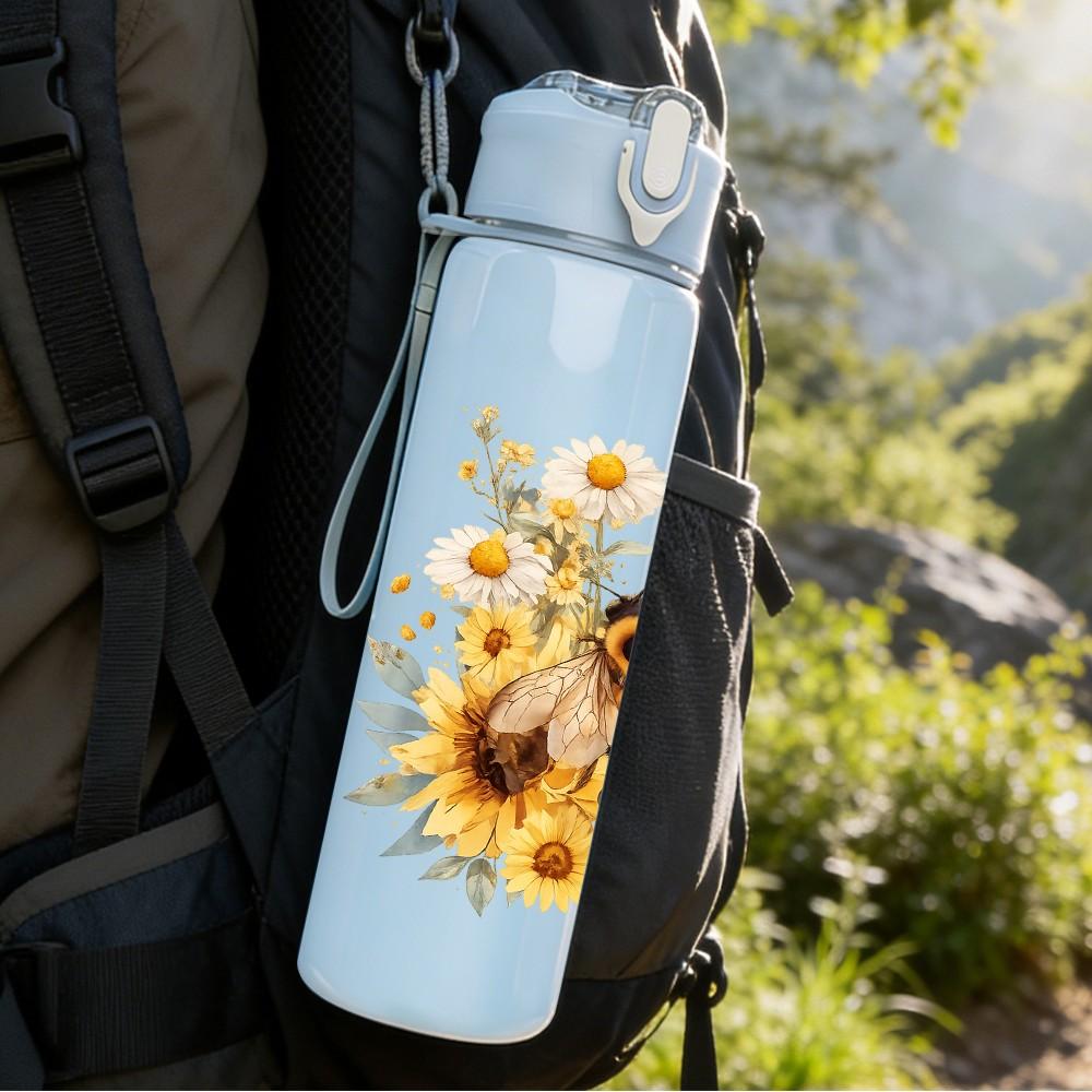 1PC Sunflower Wild Stem Flower Print 750ml Color Plastic Sports Water Bottle Leakproof Flip Straw Lid Suitable for Sports Office Home Use