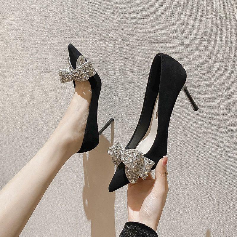 Spring versatile new bow pointed shoes suede high heels thin heels not tired feet single shoes women