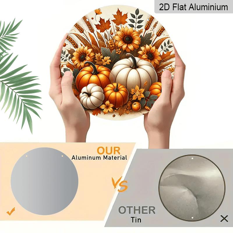 2D Flat, 1pc Round Aluminum Hanging Sign, Rustic Farmhouse Metal Wall Decor - Autumn Harvest Pumpkin & Fall Signs, Seasonal Plaque Suitable for Home