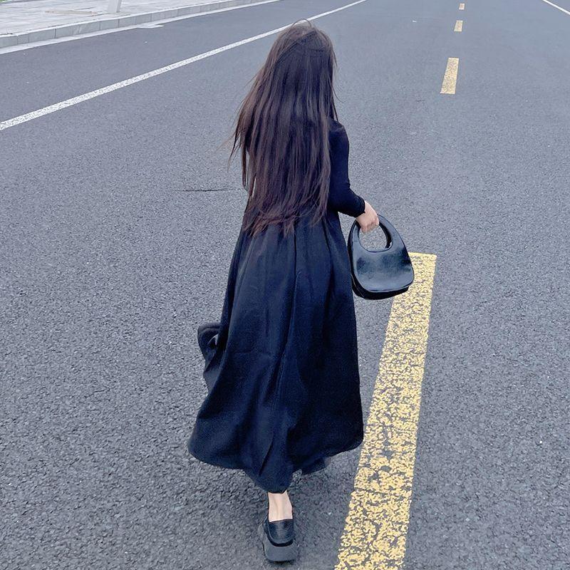 Girls Autumn Hepburn Long Sleeve Black Dress Chic Swing Casual Dress