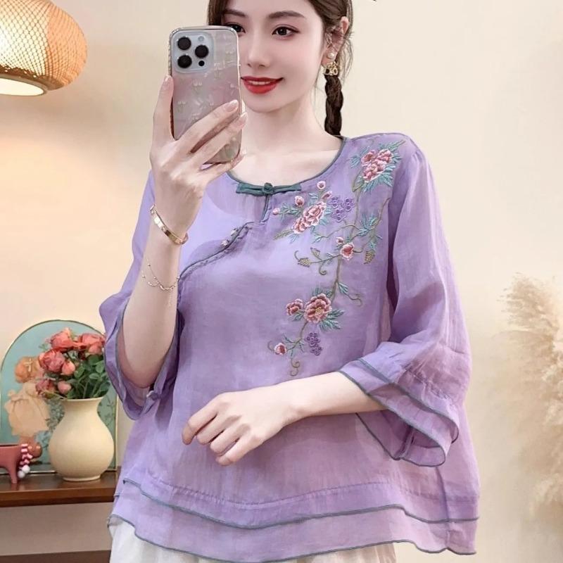 Women's Sheer Purple Floral Embroidery Blouse with Frog Button and Contrast Trim Casual Linen Shirt