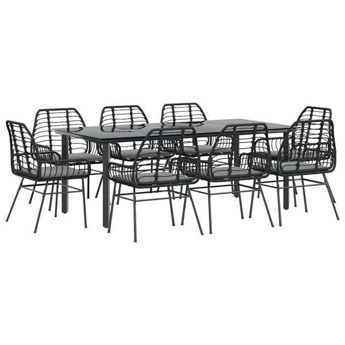 VidaXL Ensemble à manger de jardin coussins 9pcs noir poly rotin verre, ensemble à manger d'extérieur, meuble à manger de 3334554