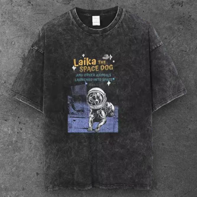 Mens Laika Space Dog Oversized T Shirt Washed Black Retro Aesthetic S-3XL S