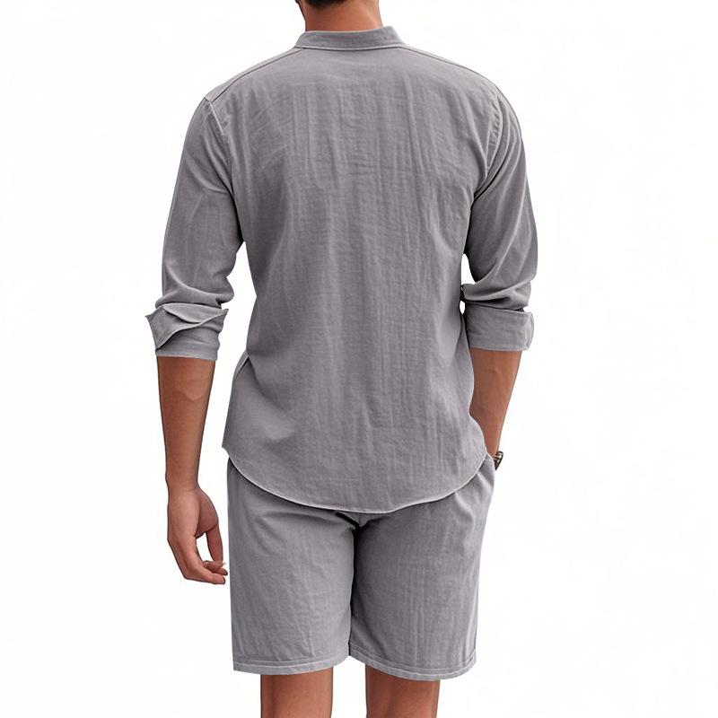Cotton Linen Breathable Soft Shirt & Shorts Men's Suit Beach Holiday Men's Cotton Linen Long Sleeve Shirt Two-piece Sets