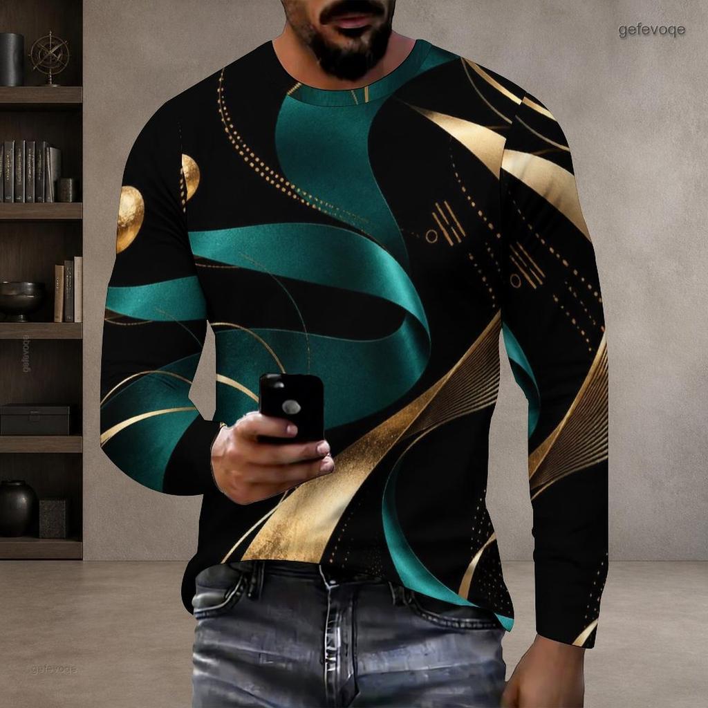 Men Plus Size Round Neck Long Sleeve Printed Gradient Striped Pullover T Shirt Straight Hem
